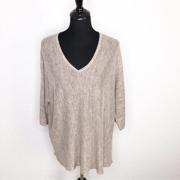 Eileen Fisher tan black marled linen v neck tunic sweater size Small - Picture 1 of 14